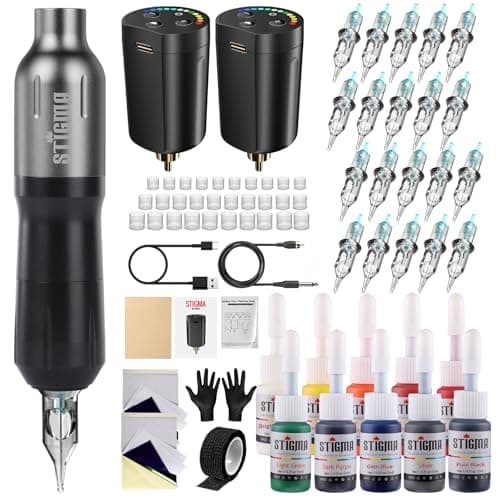 STIGMA Kit per Tatuaggi Kit di Penne Rotanti per Tatuaggi Senza Fili Set di Macchinette per Tatuaggi Professionali con 2 Batterie e 20 Aghi per Cartucce per Tatuaggi per Principianti e Tatuatori