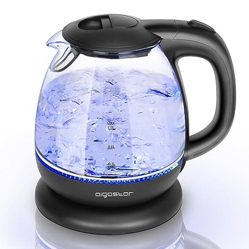 Aigostar Elfin 30IAX - Bollitore elettrico in vetro borosilicato con illuminazione a LED. 2200W, 1L, Bollitura Rapida, Nero. Protezione da bollitura a secco. SENZA BPA.