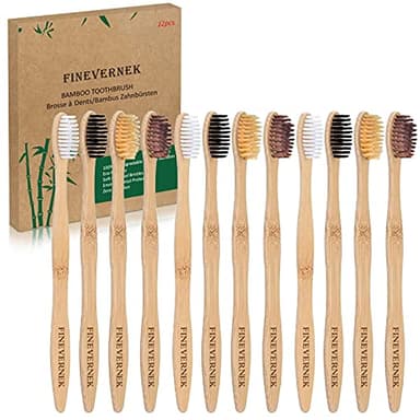 FINEVERNEK Spazzolino da Denti in Bambù,12 Pezzi Spazzolino Denti Legno,Spazzolino di Bambù Naturale 100% Senza BPA,Biodegradabili,Spazzolini Bamboo con Carbone Adatto Morbide per Adulti Bambini