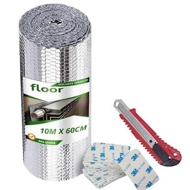 Floor Pannelli Termoriflettenti per Termosifoni a Doppio Strato Isolante, 10m x 60cm - Isolante Termico Riflettente per Caloriferi, Camping, Automobili - Protegge da Freddo, Caldo e Luce