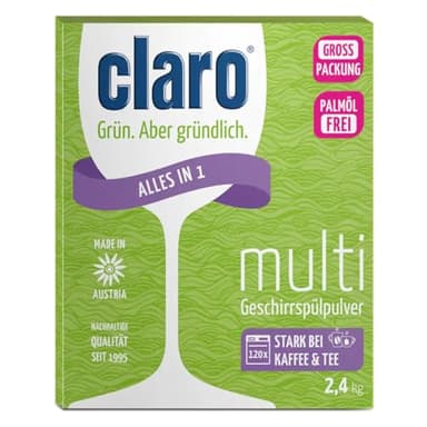 claro Polvere multiuso per lavastoviglie tutto in 1 – Polvere per lavastoviglie – Senza fosfati – Vegano – Ecolabel – Ecologico – Senza olio di palma – Confezione grande – Confezione risparmio da 120