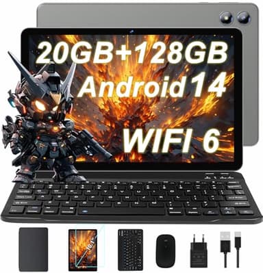 Newest 10 Pollici Android 14 Tablet, 20GB RAM+128GB ROM(1TB TF), Octa-Core, 5G/2.4G WiFi 6, 6000mAh, Widevine L1, BT 5.0, 8MP + 5MP, Tablet PC con Custodia, Tastiera e Mouse - Grigio Scintillante