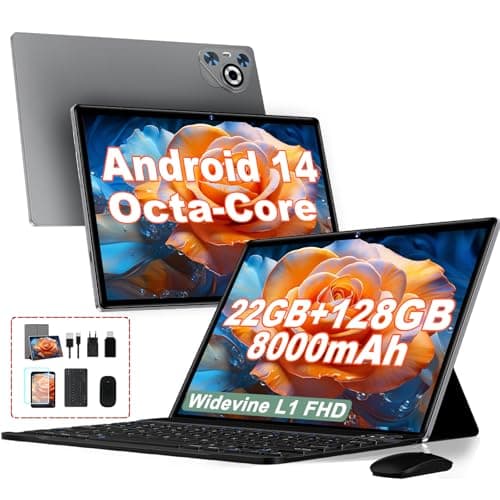 2025 Newest Tablet 10 pollici Android 14, 22GB RAM 128GB ROM/TF 1TB, Octa-Core, 8000mAh, Corpo in Metallo, Face ID, Doppio WiFi, 8MP+5MP, Widevine L1, Protezione Occhi, Tastiera, Mouse, Gray
