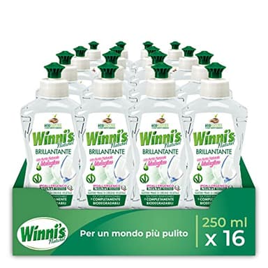 Winni's - Additivo Brillantante Lavastoviglie Ipoallergenico, con Aceto Naturale Biologico, Contro Residui e Macchie, con Materie Prime di Origine Vegetale, 250 ml x 16 Confezioni