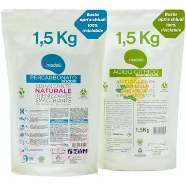 Kit Acido Citrico per Lavatrice + Percarbonato di Sodio Sbiancante (1,50 + 1,50 Kg) Azione Combinata per Sbiancante Bucato e Ammorbidente, Anticalcare Bagno, Antimuffa, Busta Richiudibile Riciclabile