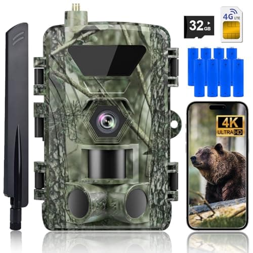 Fototrappola 4G, Fototrappola con SIM, 4K 60MP Full HD, Foto Trappola IP66 Impermeabile con Rilevatore di Movimento per Visione Notturna, Avvisi in Tempo Reale, Scheda di Memoria 32 GB e 8 Batterie AA