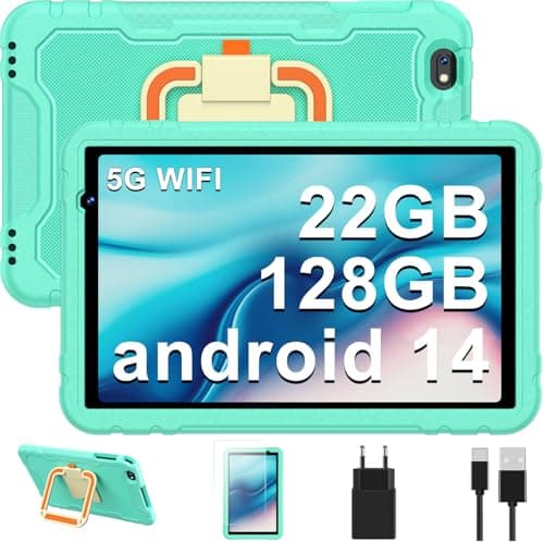 Tablet bambini 10 pollici, tablet Android 14 con 5G Wifi, 22GB RAM+128GB ROM | Controllo Parentale | 8000 mAh | Octa-Core | 5MP+8MP | Custodia protettiva EVA antiurto + Staffa girevole a 360° - Verde