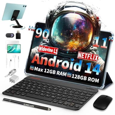 TECLAST P50Case Tablet 11 Pollici 90Hz Android 14 Tablets 2.0GHz Octa-Core, 12GB RAM+128GB ROM/TF 4TB/7000mAh/Widevine L1/GPS/BT5/OTG/Tablet con Tastiera+Custodia+Penna+Auricolari, 10 Accessori-2025