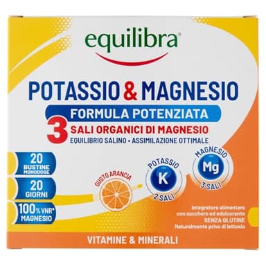 Equilibra Integratori Alimentari, Potassio e Magnesio 3 Formula Potenziata, Integratore Magnesio e Potassio per Reintegro Sali Minerali, Gusto Arancia, Senza Glutine e Senza Lattosio, 20 Bustine