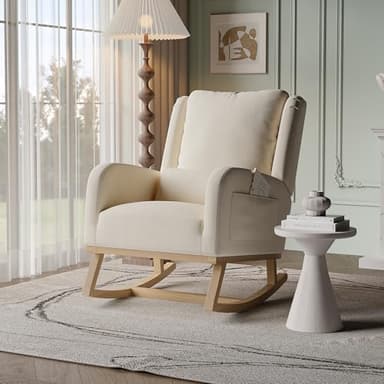 FOERPL Poltrona da Lettura, Poltrona a dondolo Interni Braccioli laterali con tasche, Beige Morbido Lino Poltrona Allattamento Sedia a dondolo (Tasche laterali, Beige)