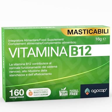 Vitamina B12 da 1000 mcg ad alto dosaggio | 160 microcompresse masticabili, gusto agrumi | Vitamina b vegan da cianocobalamina, supporto per energia fisica e mentale