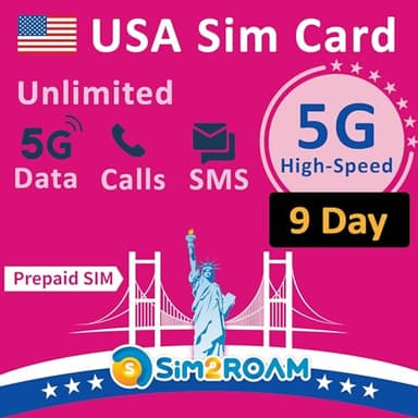 Carta SIM prepagata USA | Dati Internet ad alta velocità 5G/4G LTE illimitati negli Stati Uniti (Hawaii incluse) | Chiamate e SMS illimitati negli Stati Uniti | Riempibile! (9 giorni)