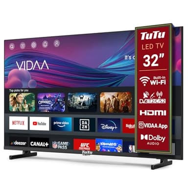 TuTu TUV32HQ1B Smart TV 32 Pollici (80 cm) Televisori con Wi-Fi, Triplo Tuner (DVB-T/T2, DVB-C, DVB-S/S2), App Store, HDMI, USB, Modalità hotel