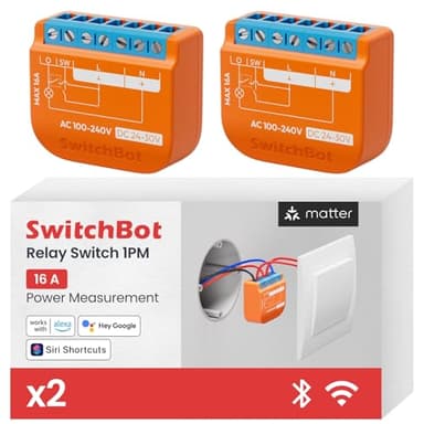 SwitchBot Modulo Relè Intelligente con Ripetitore Bluetooth Integrato, Interruptore Wi-Fi & Bluetooth Compatibile con Alexa/Apple HomeKit/Google Home, Interruttore Relè 1PM 16A Confezione da 2