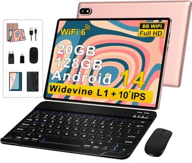 Tablet 10 Pollici Tablet Android 14 con 20GB RAM+128GB ROM (TF 1TB), 5G WiFi 6, Octa-Core, GMS, Bluetooth 5, 5MP + 8MP, 1280 * 800 FHD, 2025 Newest Tablet Widevine L1, Tablet con Tastiera e Mouse,Rosa