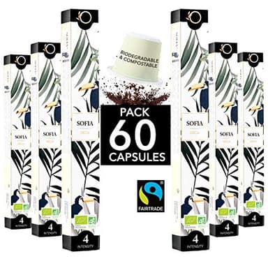 ORIGEENS Capsule compatibili con Nespresso | Caffè BIO FAITRADE Arabica in Capsula Biodegradabile | SOFIA Caffè Decaffeinato Senza Solventi, 60 cialde | Torrefazione artigianale