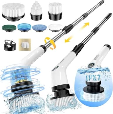 FYDEE Spazzola Rotante Pulizia Casa, Spazzola Elettrica per Pulizia con 7 Testine Sostituibili, Impermeabile IPX7, Scrubber Elettrico Pulizia a Manico Lungo Regolabile per Pavimenti, Bagno, Cucina