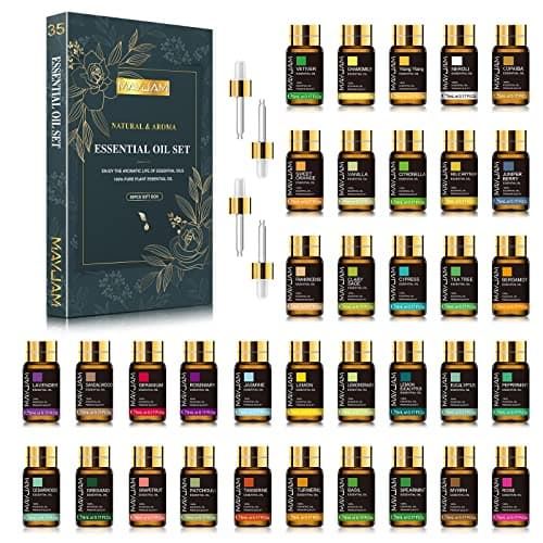 MAYJAM Oli Essenziali per Diffusori 35 x 5ml, Set Regalo Oli Essenziali Naturali per Aromaterapia, Puro Olio Essenziale Vaniglia Lavanda Eucalipto Tea Tree Rosmarino Sandalo Menta Citronella