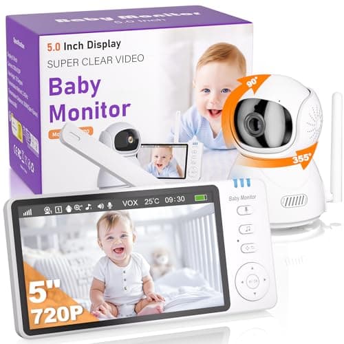 OBVHNUA Baby Monitor Video e Audio 5'' 720P HD Telecamera per Neonato con Schermo IPS, Monitoraggio Temperatura, VOX, Audio Bidirezionale, Visione Notturna e Ninne Nanne