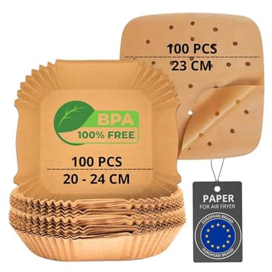 Carta Forno per friggitrice ad aria BPA Free 20-24cm | Carta Quadrata in Teglia(20-24cm) e 100 Pezzi di Carta Piana(20cm) per gli accessori della friggitrice ad aria. (100+100 | Quadrata + Piana)