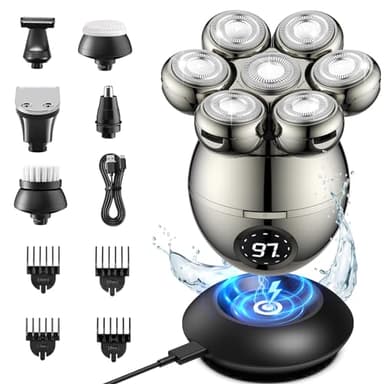 ETENTOUS Rasoio Testa Calva, Rasoio Elettrico Barba 6 in 1 Impermeabile IPX6 con 7 Testine Rotanti, Rasoio Capelli Uomo a zero con Display LED tagliacapelli elettrico, per Naso Orecchie Corpo Viso
