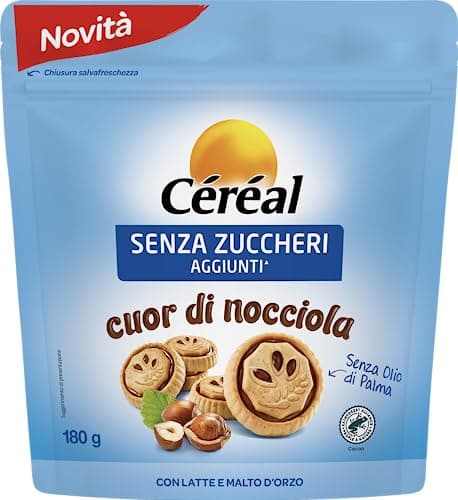 CÉRÉAL SENZA ZUCCHERI Cuor di Nocciola, Biscotti senza zuccheri aggiunti, Con crema di nocciola e cacao, Confezione salva freschezza, 180gr