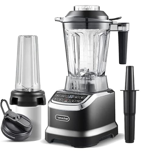 AMZCHEF 2-IN-1 Frullatore Professionale 2000W con Contenitore da 1850 ml e 600 ml per Due Modalità di Frullatura - 2000W Frullatore Tritatutto Multifunzione con Tamper e 6 Lame - Nero Opaco