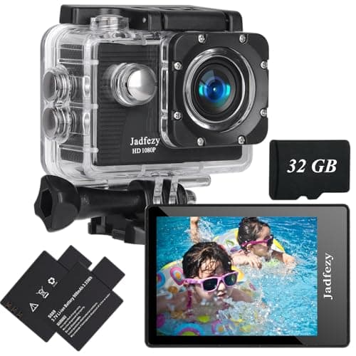 Jadfezy Action Cam 1080P con scheda da 32 GB, Macchina Fotografica Subacquea impermeabile 30M, Fotocamera Subacquea con Due 900mAh Batterie Ricaricabili e Kit Accessori