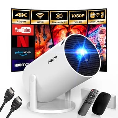 [App-integrata] Mini Proiettore 1080P 4K Support 2025 Proiettore Portatile Dual Control con Mouse Android TV Auto Keystone WiFi 6 BT5.2 Ruotabile 180° HDMI/TV Stick/Laptop, con HDMI & Mouse, Bianco