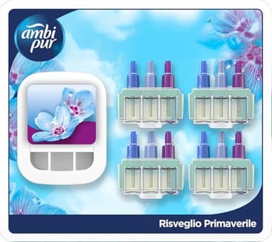 Ambi Pur 3Volution Profumatore per Ambienti, Diffurore Elettrico e 4 Ricariche, Fragranza Lenor Risveglio Primaverile, tecnologia Elimina Odori, Fino a 90 Giorni di Profumo per Ricarica
