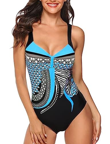 heekpek Costumi Interi Donna Vintage Brasiliana Imbottito con Stampa Tribale Costume da Bagno Intero Piscina Vita Alta Donna Bikini Set Push Up Monokini Mare Piscina Multicolore, Azul, XL