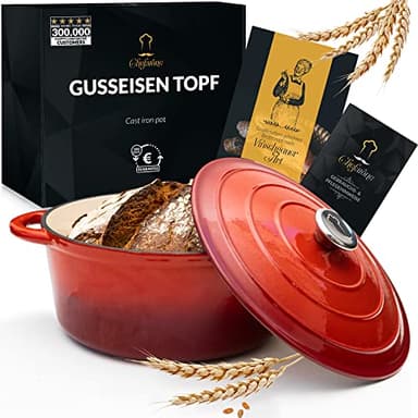 Padella in ghisa smaltata 26 cm 4,7L - Padella per stufare con coperchio adatta all'induzione - Casseruola in ghisa - Padella per il pane - Rosso