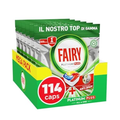 Fairy Platinum Detersivo Pastiglie Lavastoviglie Plus, Brillantante, 114 Capsule Lavastoviglie, Limone, Tecnologia Anti-Opaco, Contro Il Grasso e le Incrostazioni Ostinate Anche Nei Cicli Brevi
