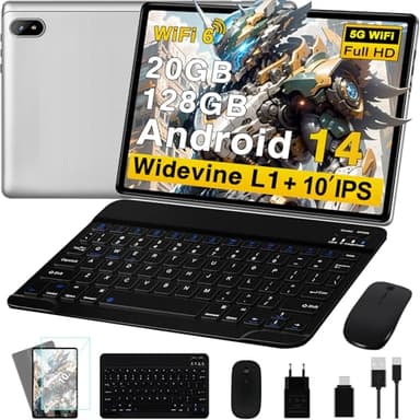 Tablet Android 14 Tablet 10 Pollici, 20GB RAM+128GB ROM (TF 1TB), 5G WiFi 6, Octa-Core, GMS, Bluetooth 5, 5MP + 8MP, 1280 * 800 FHD, 2025 Newest Tablet Widevine L1, Tablet con Tastiera e Mouse,Silvery