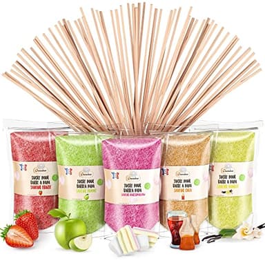 GREENDOSO® Zucchero per Zucchero Filato (5x160 gr) - Set di 5 Gusti (Fragola / Cola / Mela / Marshmallow / Vaniglia) - Aromi e Colori Naturali - 20 Bastoncini