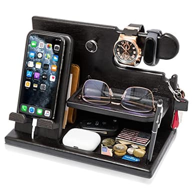 Teslyar Docking Station in legno per smartphone Supporto portafoglio Supporto orologio Regalo da uomo Marito Moglie Natale Regalo per papà Supporto da comodino Legno massello in frassino (Nero)