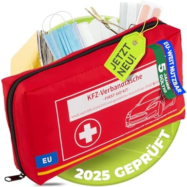 Kit di pronto soccorso per auto fino al 2029 [conforme all'UE] secondo DIN 13164:2022, kit di pronto soccorso 2025, accessorio per camper per a casa 100% affidabile Smart Planet