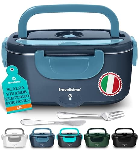 TRAVELISIMO Scaldavivande Elettrico Portatile, 80W 1,5L Porta Pranzo Riscaldabile, 220V/12V/24V Scalda Vivande Portatile Elettrico per Auto Camion e Ufficio, Lunch Box Termico di Acciaio Inossidabile