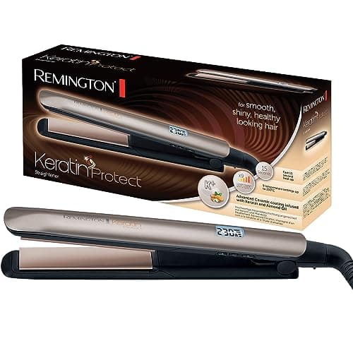 Remington Piastra per Capelli - Keratin: Rivestimento Ceramico di alta qualità con Cheratina e olio di mandorle - Display LCD, 9 impostazioni di temperatura 150-230°C, piastra per capelli S8540