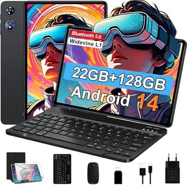 Android 14 Tablet 10 Pollici con 22GB RAM+128GB ROM(TF 2TB) Octa-Core 2.0 GHz, Tablet Widevine L1, 5G WiFi, Bluetooth 5.0, 1280 * 800pixels, 8000mAh, 8MP+5MP, FHD,GMS Tablet con Tastiera e Mouse, Nero