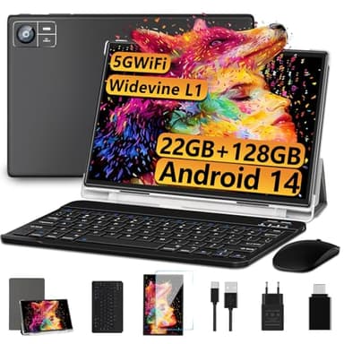 SUAAT Newest Tablet Android 14 10 Pollici 22GB RAM+128GB ROM(1TB TF), 8000 mAH,Octa-Core T606,2.0Ghz, WiFi5G+2.4G, GPS, 8MP + 5MP, Bluetooth 5.0, Cast, Tablet PC con Custodia, Tastiera e Mouse, Nero