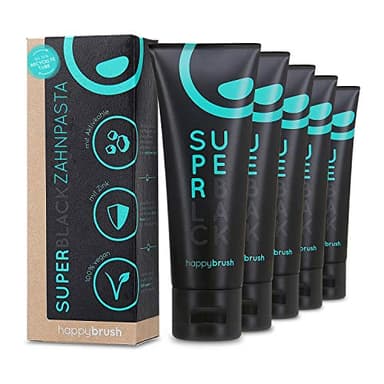 happybrush® Dentifricio vegan al carbone attivo SuperBlack al gusto di menta - Dentifricio nero per denti bianchi - Formato maxi (5 x 75ml)