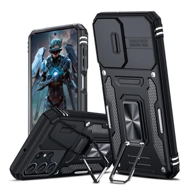 TUUTPU Cover per Samsung Galaxy S24 Ultra 5G, Custodia Scorrevole Protezione Fotocamera Militare Antiurto Case con 360° Magnetica Anello Rotante Supporto e TPU Silicone + PC Bumper All'aperto, Nero