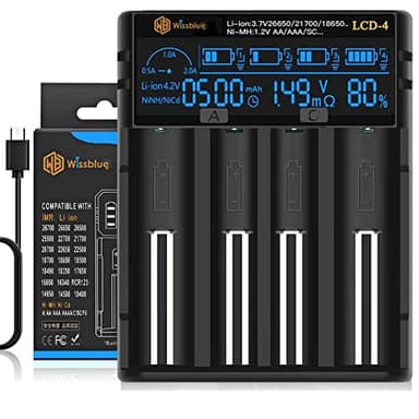 WISSBLUE Caricabatteria 18650, schermo LCD può visualizzare la capacità, caricabatterie veloce 2a 18650, adatto per batteria al litio da 3,7 V e batteria Ni-Mh/Ni-Cd AA AAA da 1,2 V