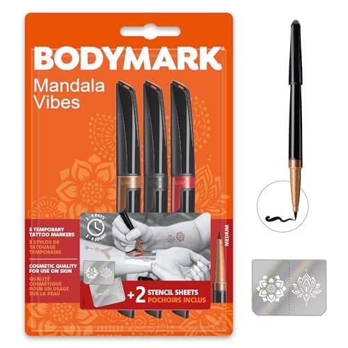 Bic Bodymark, Pennarelli Per Tatuaggi Temporanei, Trucco Body Art, Pennarelli E Fogli Di Stencil Tattoo, Cinque Pezzi, Multicolore