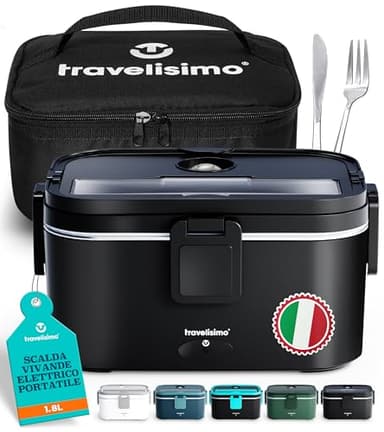 TRAVELISIMO Scaldavivande Elettrico Portatile, 80W 1,8L Porta Pranzo Riscaldabile, 220V/12V/24V Scalda Vivande Portatile Elettrico per Auto Camion e Ufficio, Contenitore Termico Per Alimenti Caldi