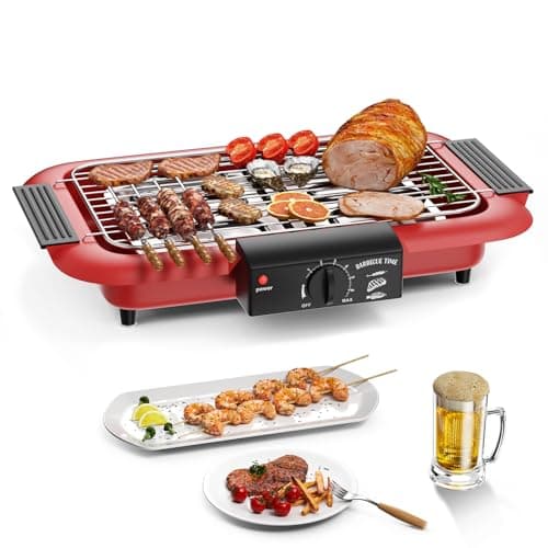 Barbecue elettrico, barbecue antiaderente senza fumo per interni/esterni, griglia portatile rimovibile ad alta potenza a doppio tubo da 2000 W per feste barbecue (rosso)