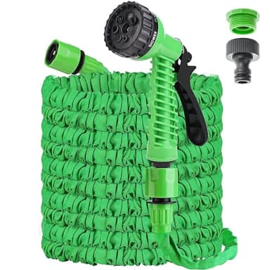 Tubo da Giardino Estensibile 15m 50FT Canna Acqua Giardino con 7 Funzioni con Pistola Acqua Giardino & Adattatore Universale 1/2" e 3/4 per Giardino, Prato