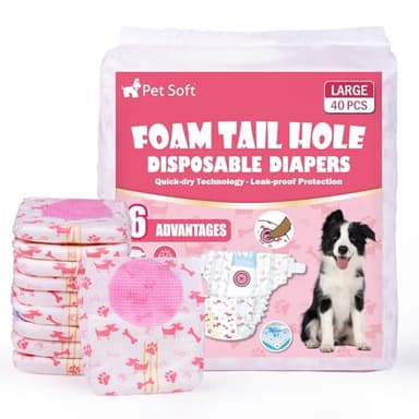 Pet Soft Pannolini per cani femmina, 40 pezzi usa e getta per cani femminili, pannolini usa e getta per cani femmine in stagione/calore/incontinenza con foro per la coda(L-40 pezzi)