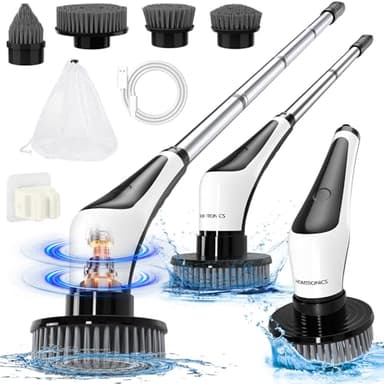Spazzola Rotante Pulizia Casa, [Impermeabile IPX8] Homtronics Spazzola Elettrica per Pulizia, Senza Fili, Spazzola Elettrica Rotante con 4 Testine Sostituibili per Bagno Piastrelle Vasca Cucina Auto